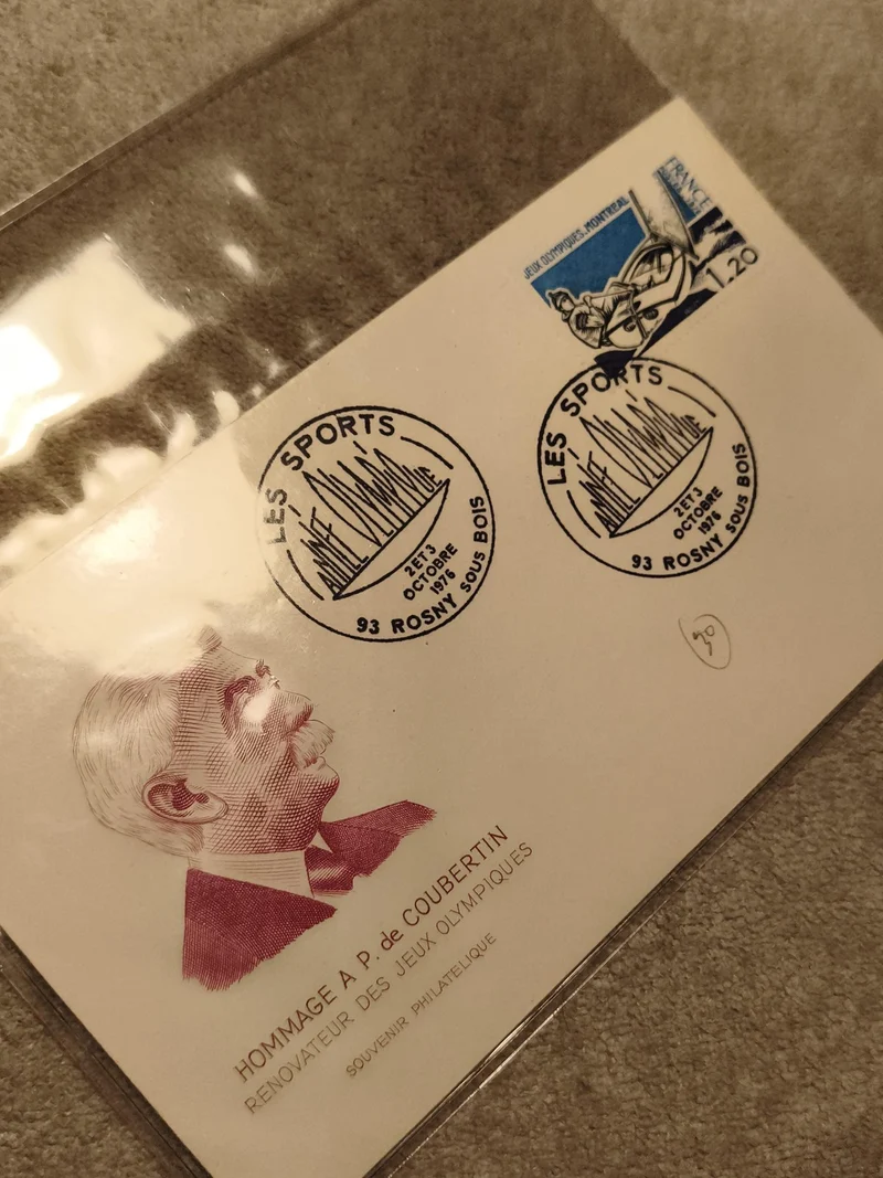 Carte souvenir philatélique Pierre de Coubertin Jeux Olympiques Rosny