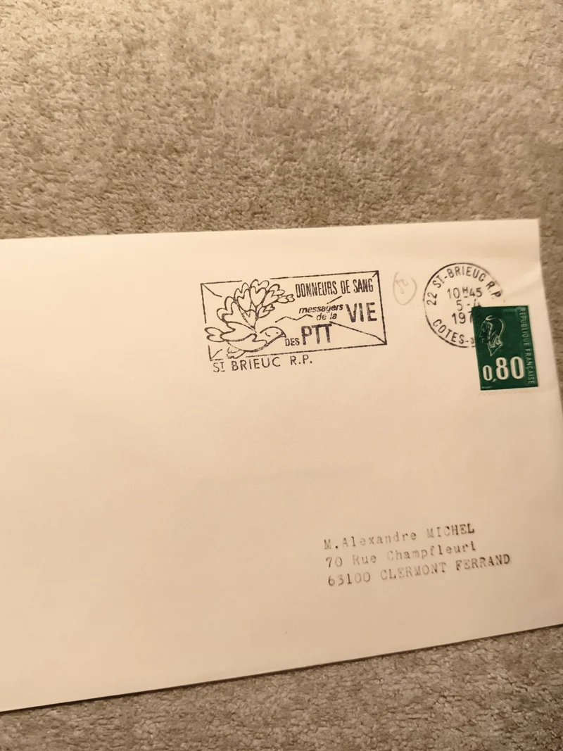 Lettre oblitérée St Brieuc 1974 timbre 0,80 F cachet donneurs de sang philatélie
