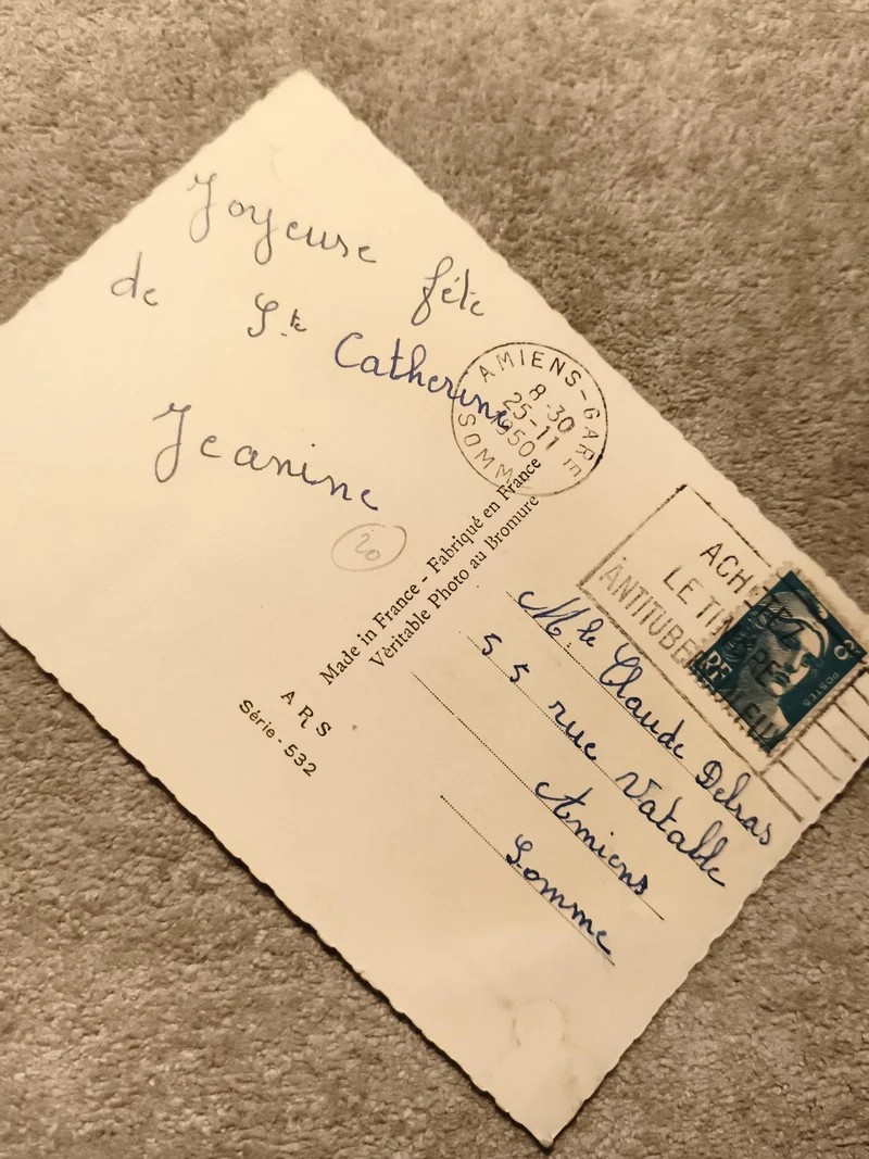 Carte postale écrite timbre Semeuse bleue Amiens 1950s philatélie (Ref 9)