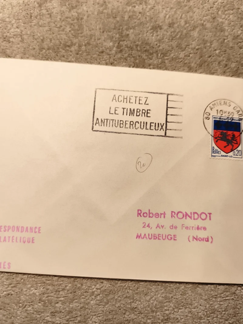 Lettre philatélique oblitérée Amiens 1982, timbre Saint-Valery, cachet antituber