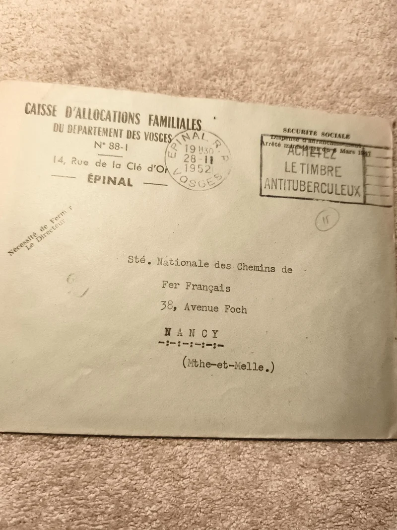 Lettre administrative 1952 CAF Épinal oblitération Sécurité Sociale Vosges phila