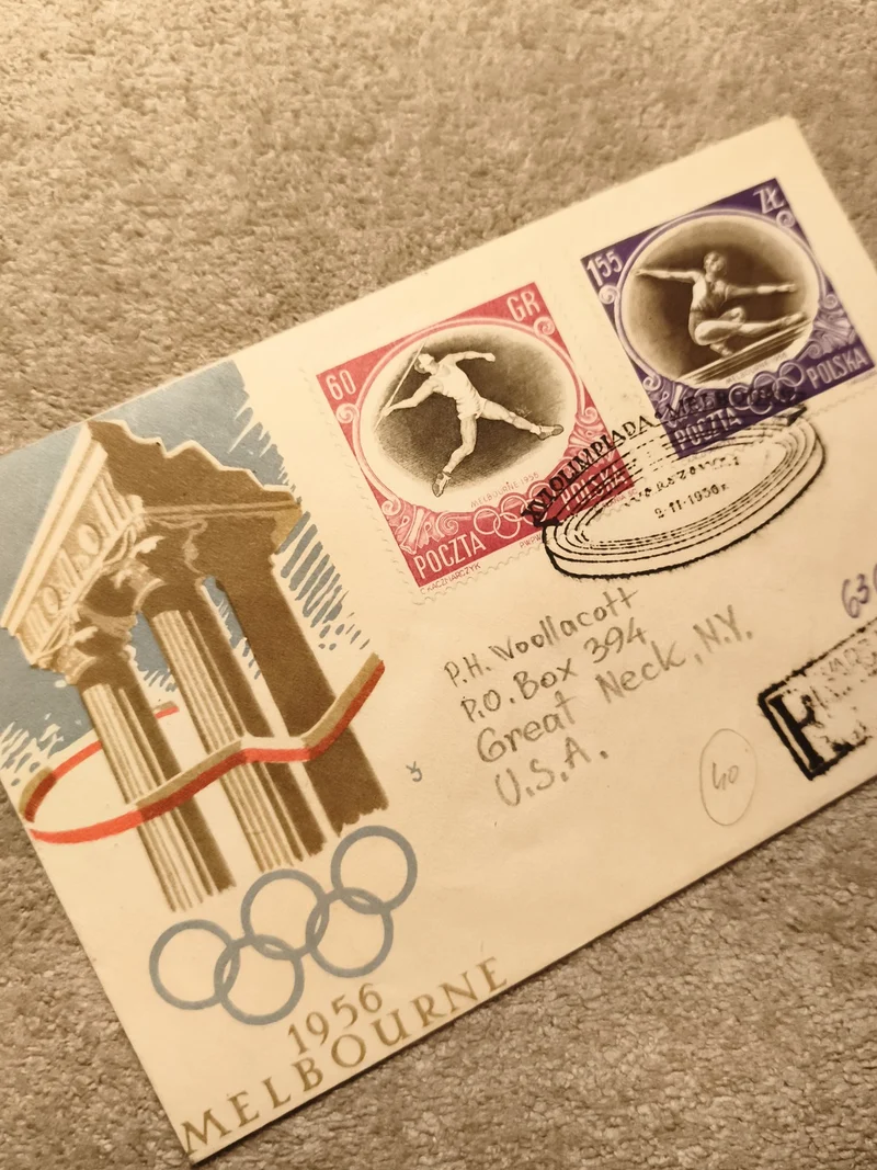 Lettre premier jour JO 1956 Melbourne timbres Pologne Olympiade philatélie (Ref