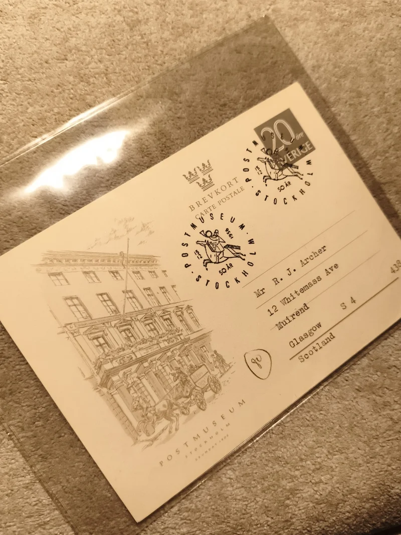 Carte postale Postmuseum Stockholm affranchie 20 öre Suède philatélie (Ref 9)