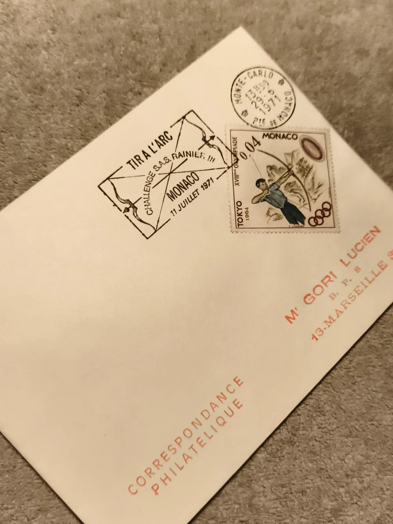 Lettre premier jour Monaco 1971 tir à l’arc JO Tokyo timbre 0,04 philatélie