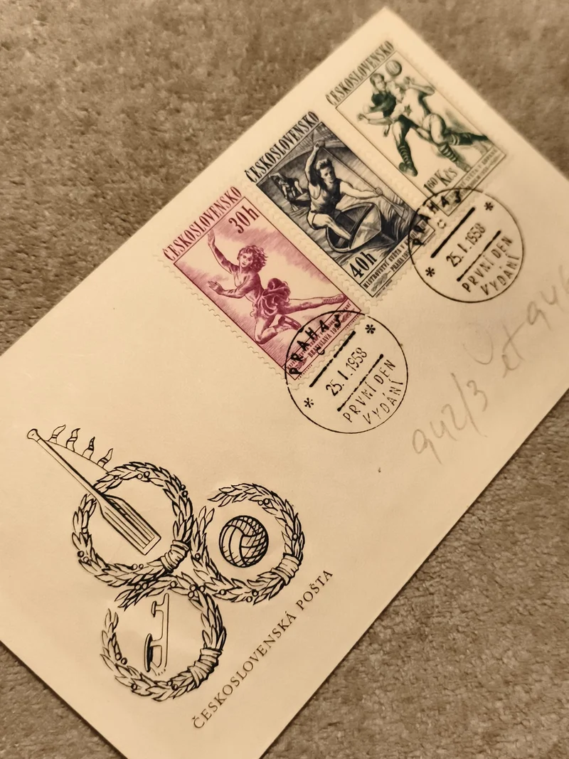 Lettre 1er jour Tchécoslovaquie 1958 sports, timbres oblitérés Praha, philatélie