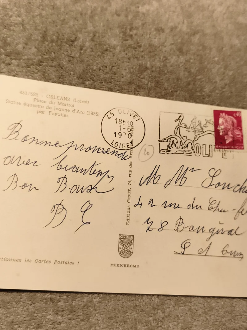 Carte postale Orléans Jeanne d’Arc 1970 timbre 0,40F oblitération Olivet philaté