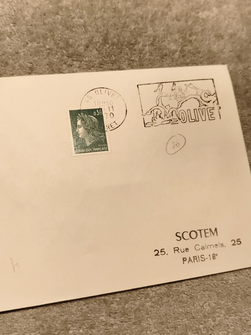 Lettre oblitérée 1970 Marianne timbre 0,30F Olivet cachet illustré SCOTEM