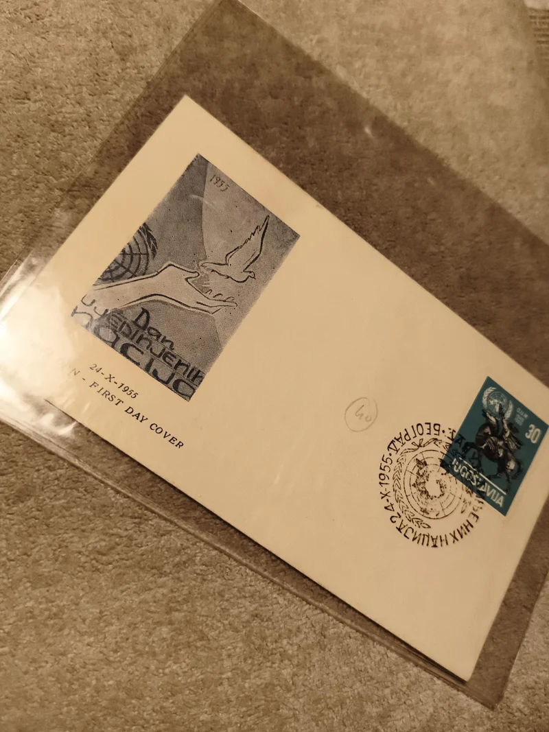 Lettre premier jour ONU 1955 Yougoslavie timbre 30c colombe FDC philatélie (Ref