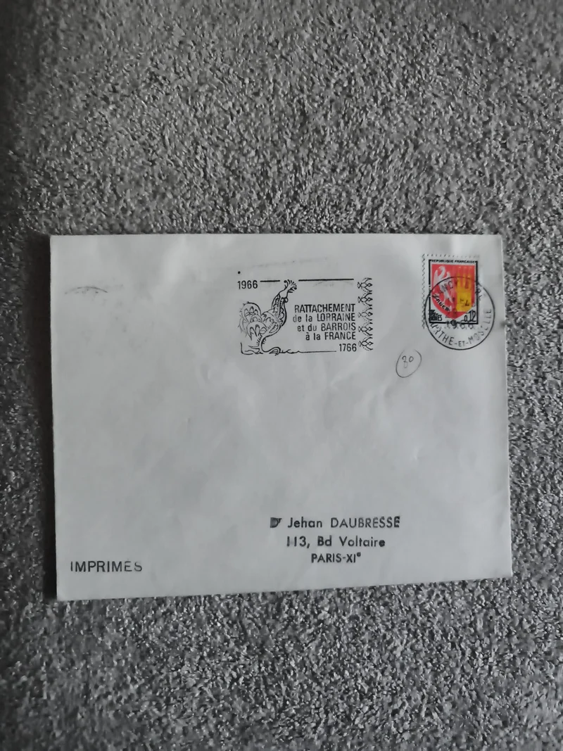 Lettre philatélique 1966 rattachement Lorraine France oblitération commémorative