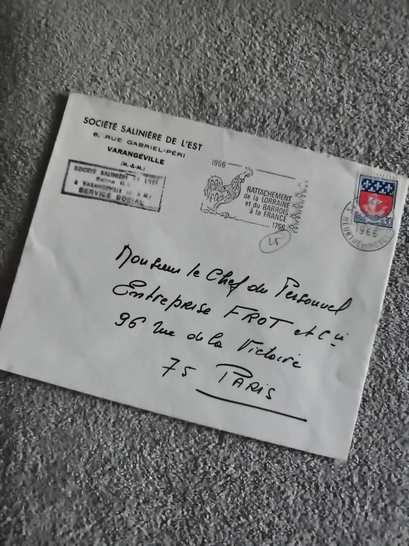 Lettre oblitérée 1966 Société Salinière de l'Est Varangéville Paris philatélie