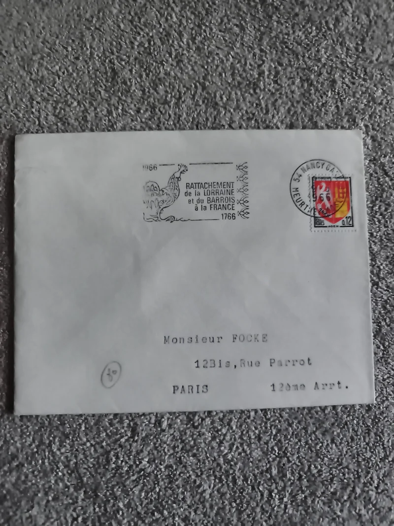 Lettre premier jour 1966 Rattachement Lorraine Barrois France oblitérée Nancy