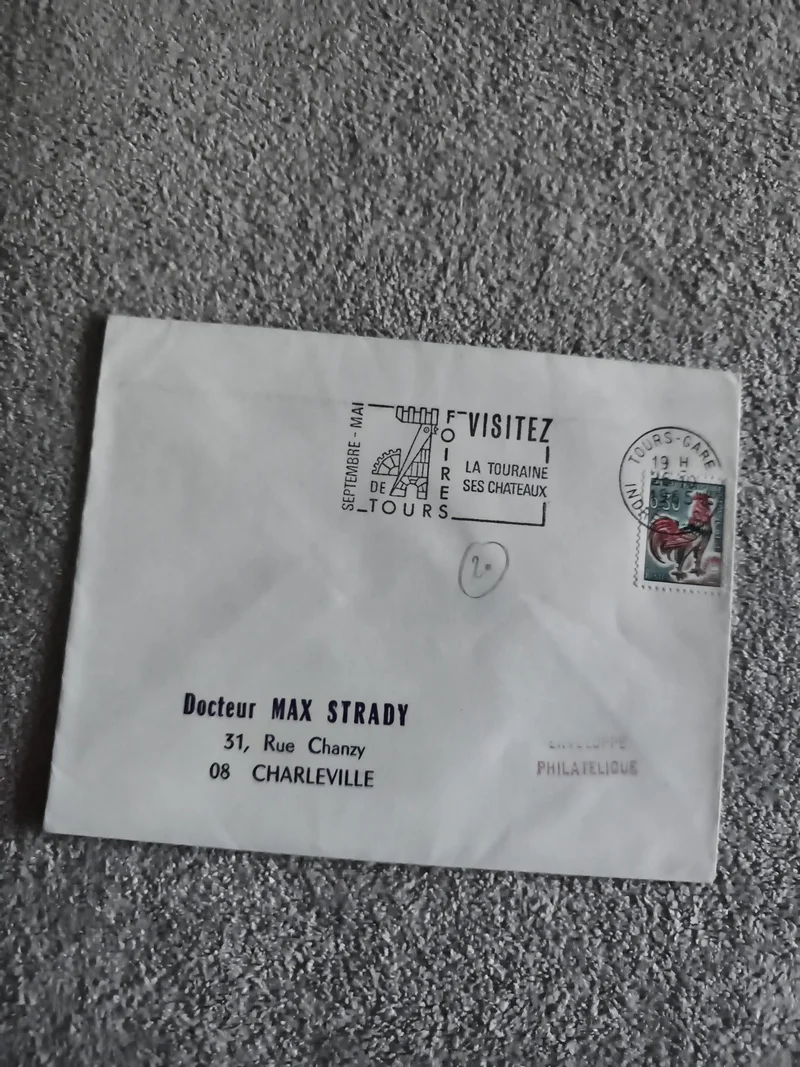 Lettre philatélique oblitérée Tours 1936 coq timbre illustré France (Ref 27)