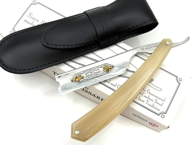 Thiers Issard 7/8 Square Tip with Sheep and Wolf Etch - Blonde Horn Scales - Full Hollow Straight Razor