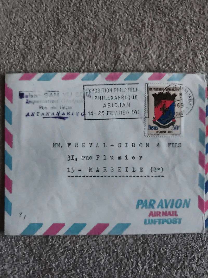 Lettre avion Madagascar 1969 Exposition PhilExAfrique Abidjan affranchissement