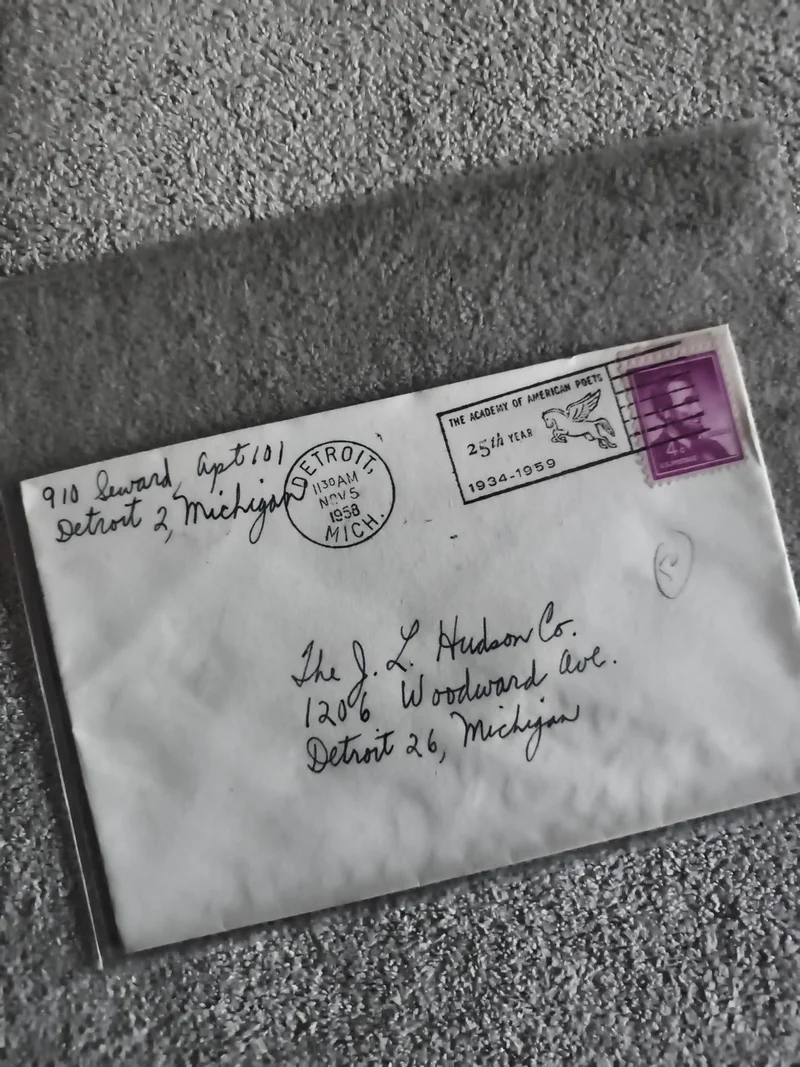 Lettre oblitérée 1958 Detroit timbre 4¢ Academy of American Poets USA (Ref 27)