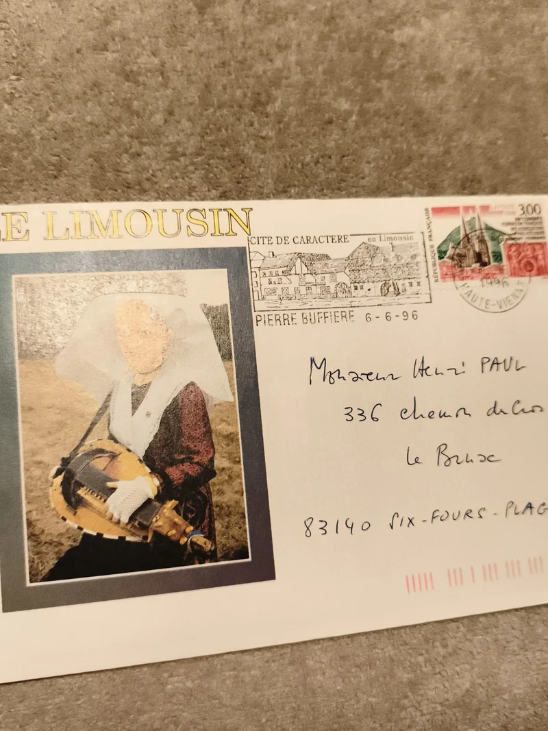 Lettre premier jour Limousin 1996 Pierre-Buffière timbre 300F philatélie (Ref 27