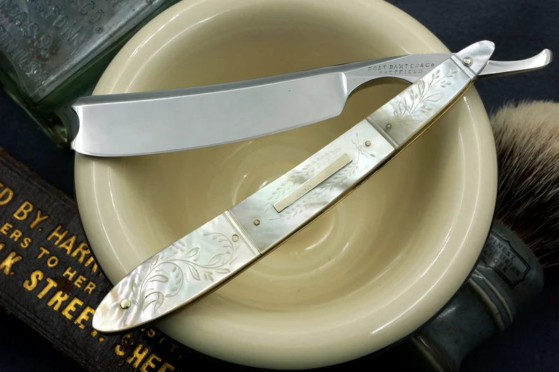 Robert Baxter & Co. 6/8 - Fancy Grind Fully Restored Carved Mother of Pearl Scaled Sheffield Straight Razor - Shave Ready