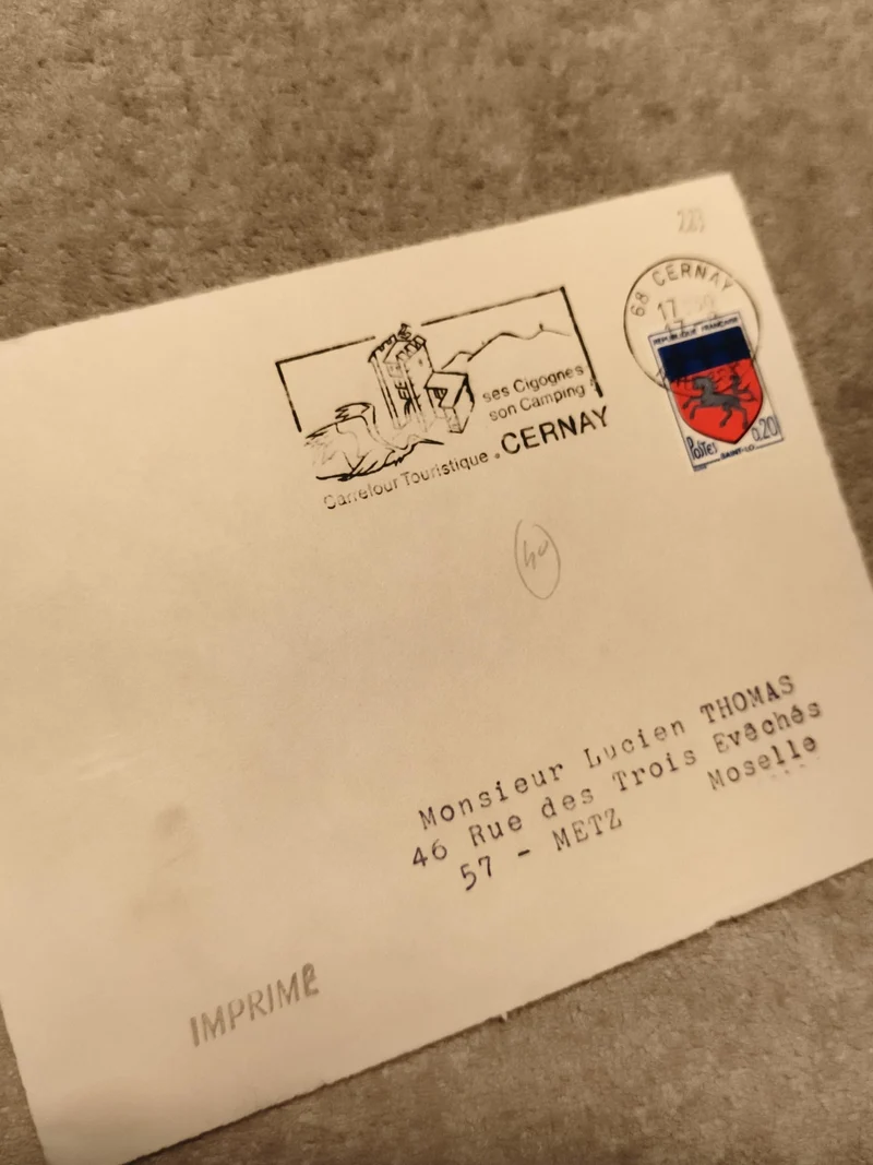 Lettre affranchie Cernay 68 imprimé, cachet postal, timbre 0,20F blason
