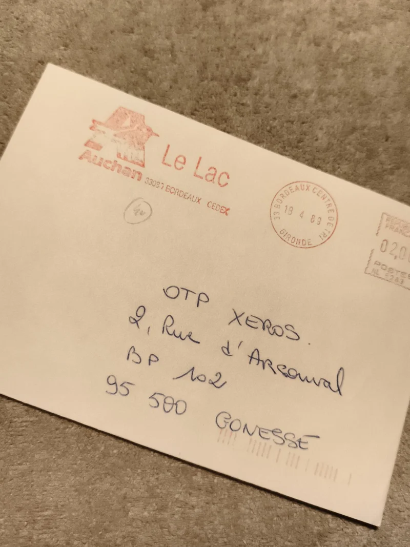 Lettre oblitérée Auchan Le Lac 1989 Bordeaux philatélie cachet postal