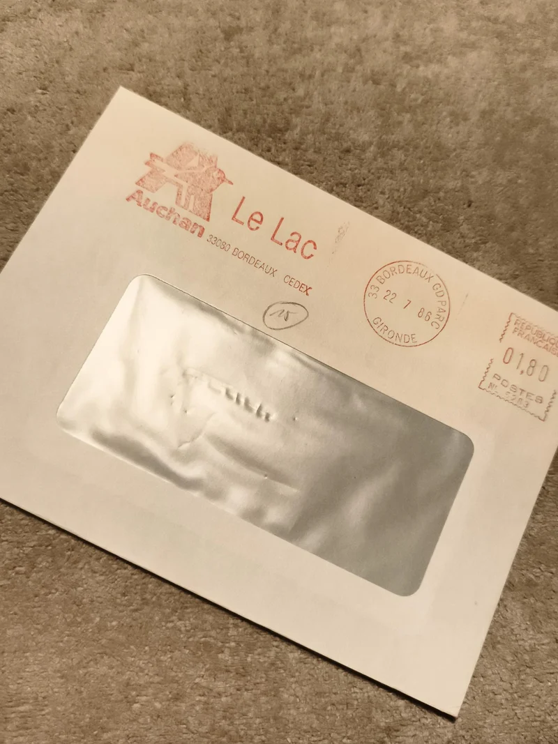 Lettre commerciale Auchan Le Lac 1986 oblitérée Bordeaux philatélie Gironde (Ref