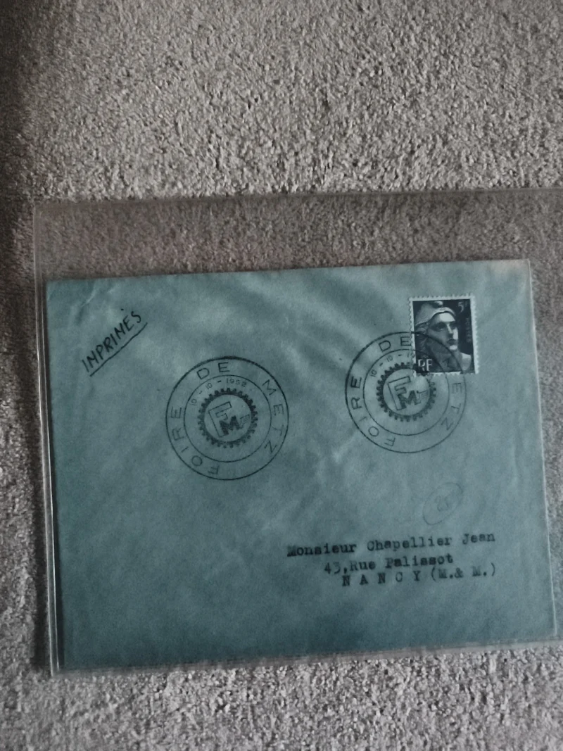 Lettre affranchie Metz 1952 imprimés, timbre RF, enveloppe bleue philatélie