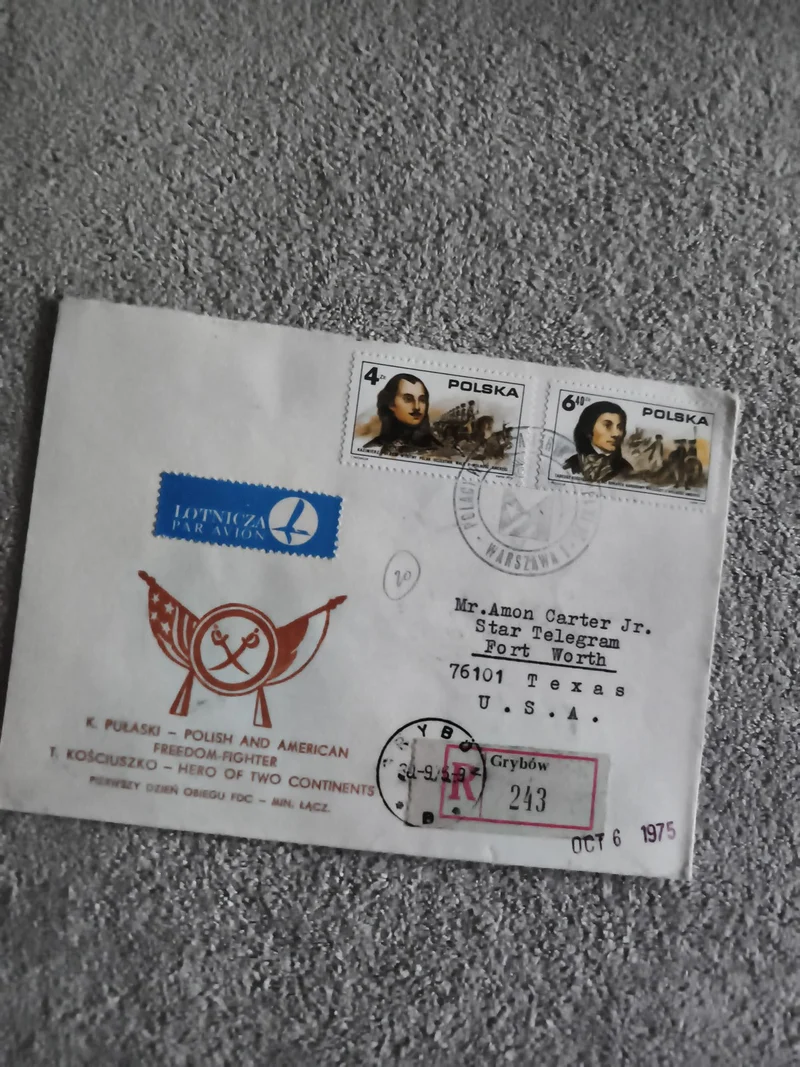 Lettre premier jour Pologne 1975 timbres Pulaski Kościuszko FDC philatélie (Ref