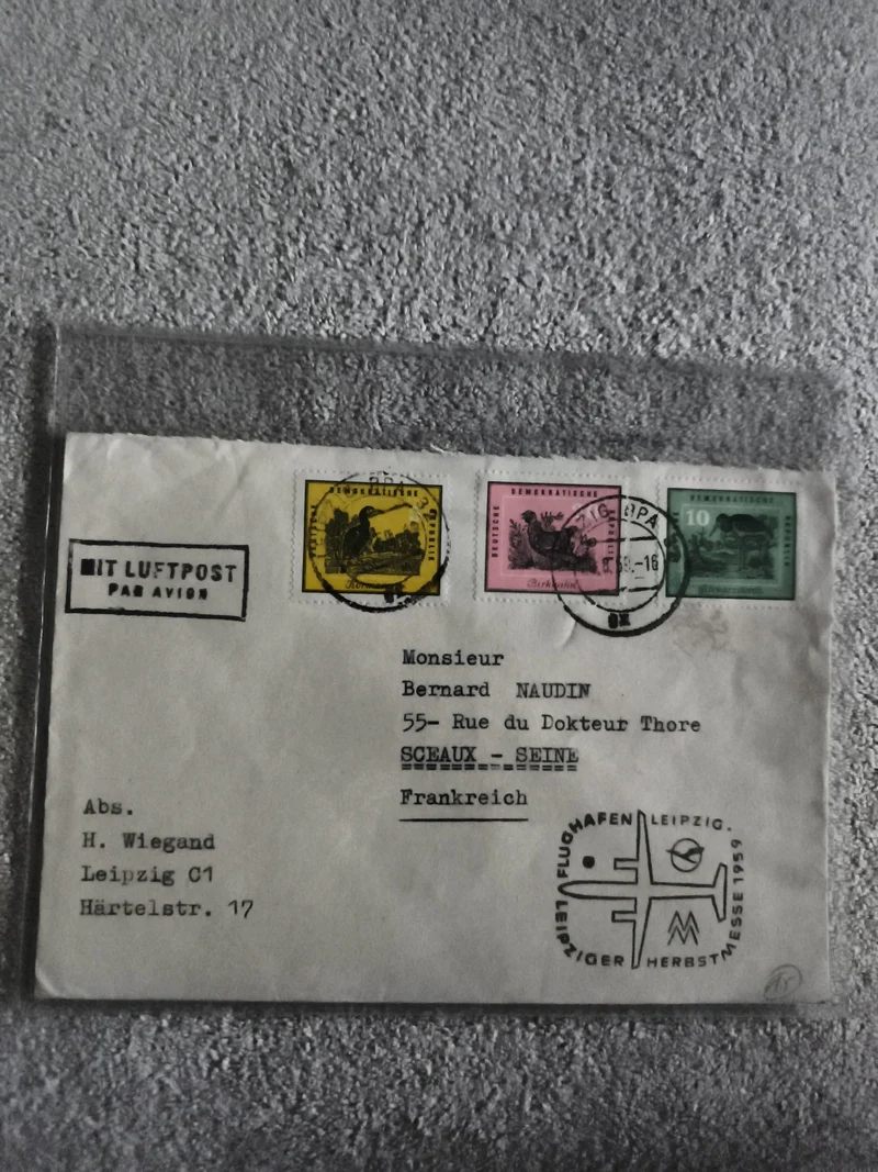Lettre affranchie DDR 1959 Leipzig 3 timbres Mit Luftpost Sceaux Seine philatéli