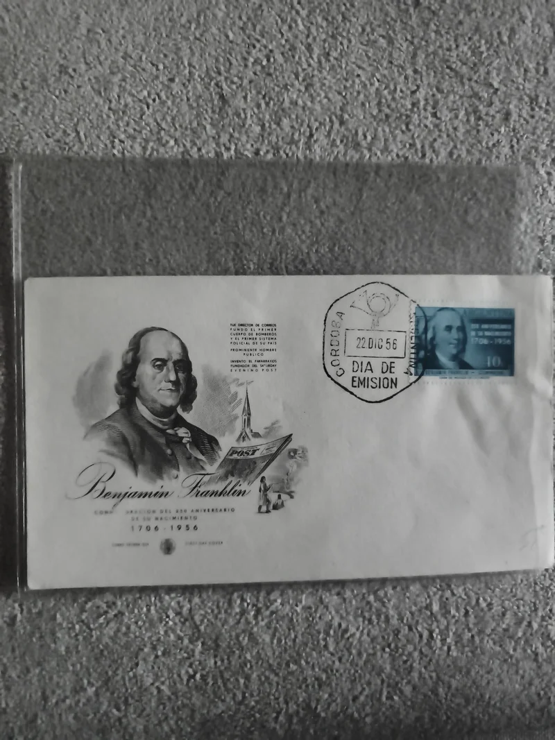 Enveloppe premier jour Benjamin Franklin 1956 timbre Córdoba philatélie (Ref 27)