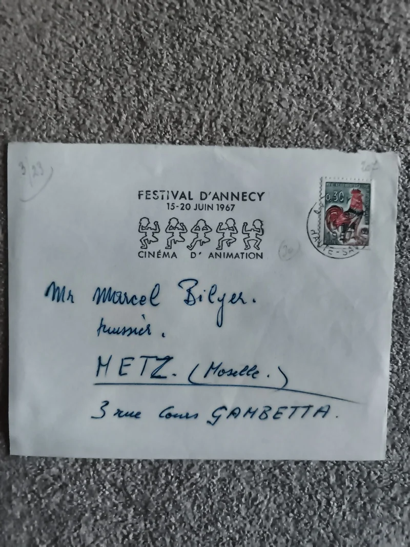 Lettre Festival Annecy 1967 timbre 0,30F coq France philatélie Metz (Ref 27)