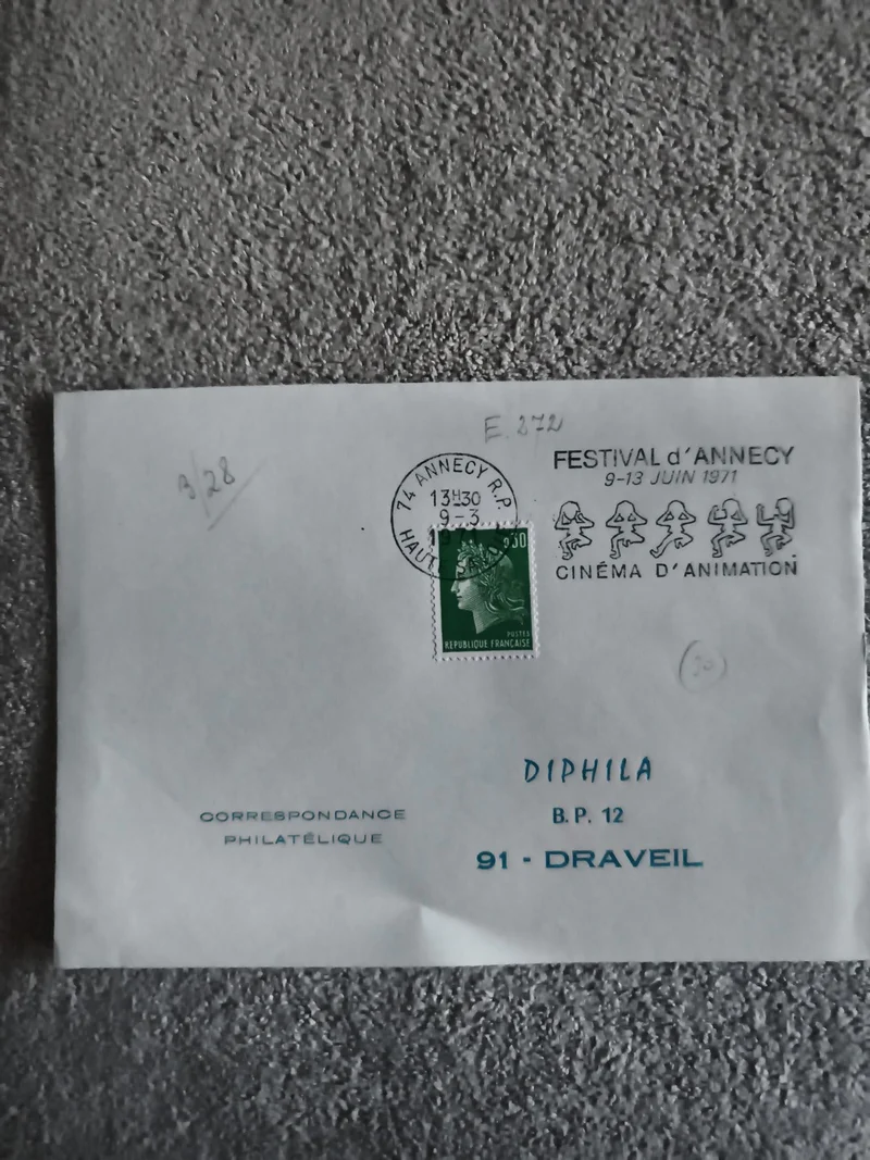 Lettre oblitérée Festival Annecy 1971 cinéma animation Marianne Draveil philatél