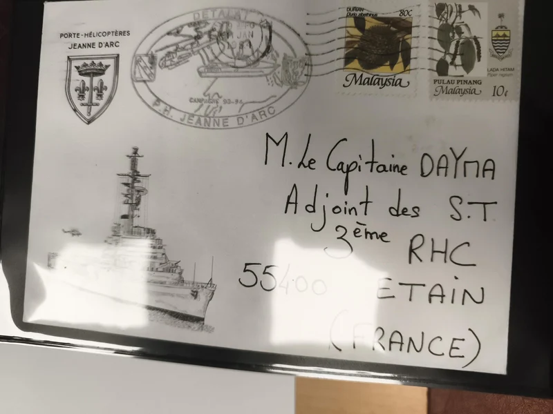 Lettre oblitérée Porte-Hélicoptères Jeanne d’Arc cachet 1994 timbres Malaisie