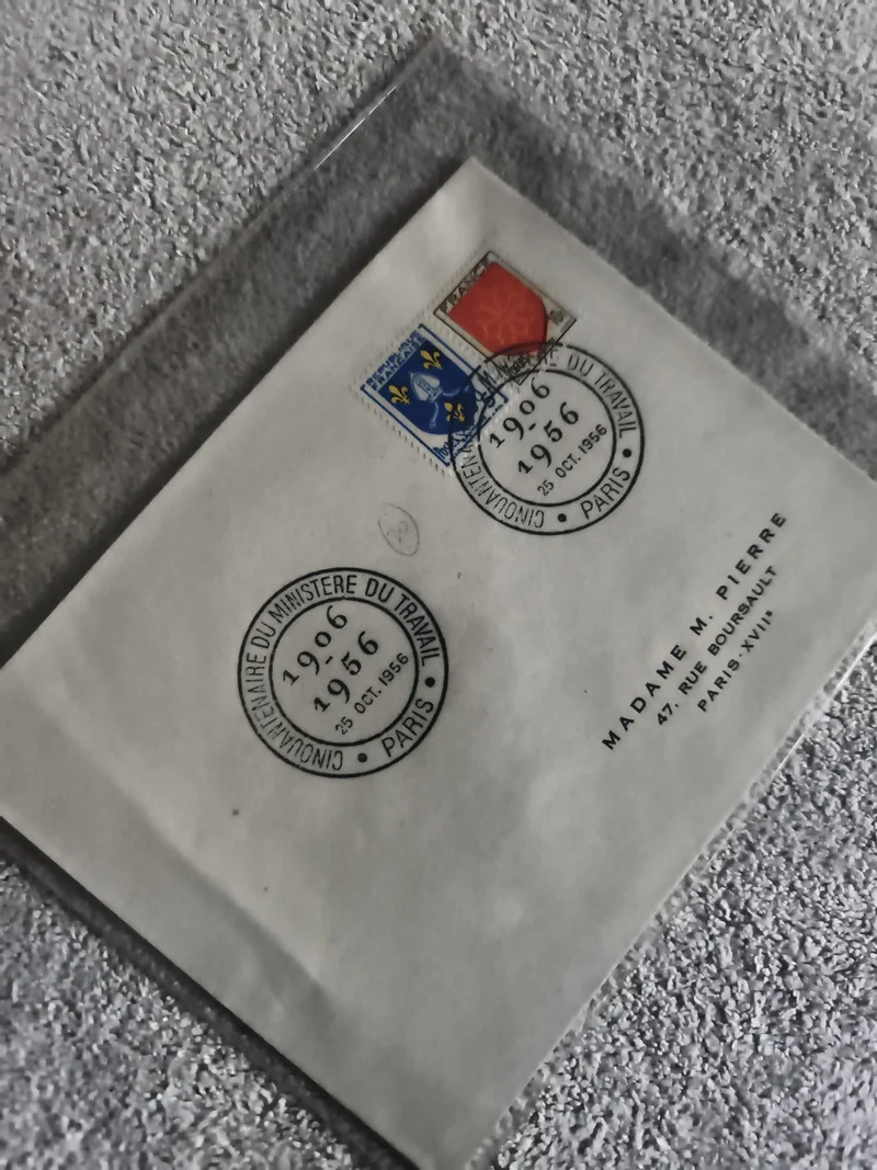 Lettre oblitérée 1956 Ministère Travail Paris timbres blason fleur de lys philat