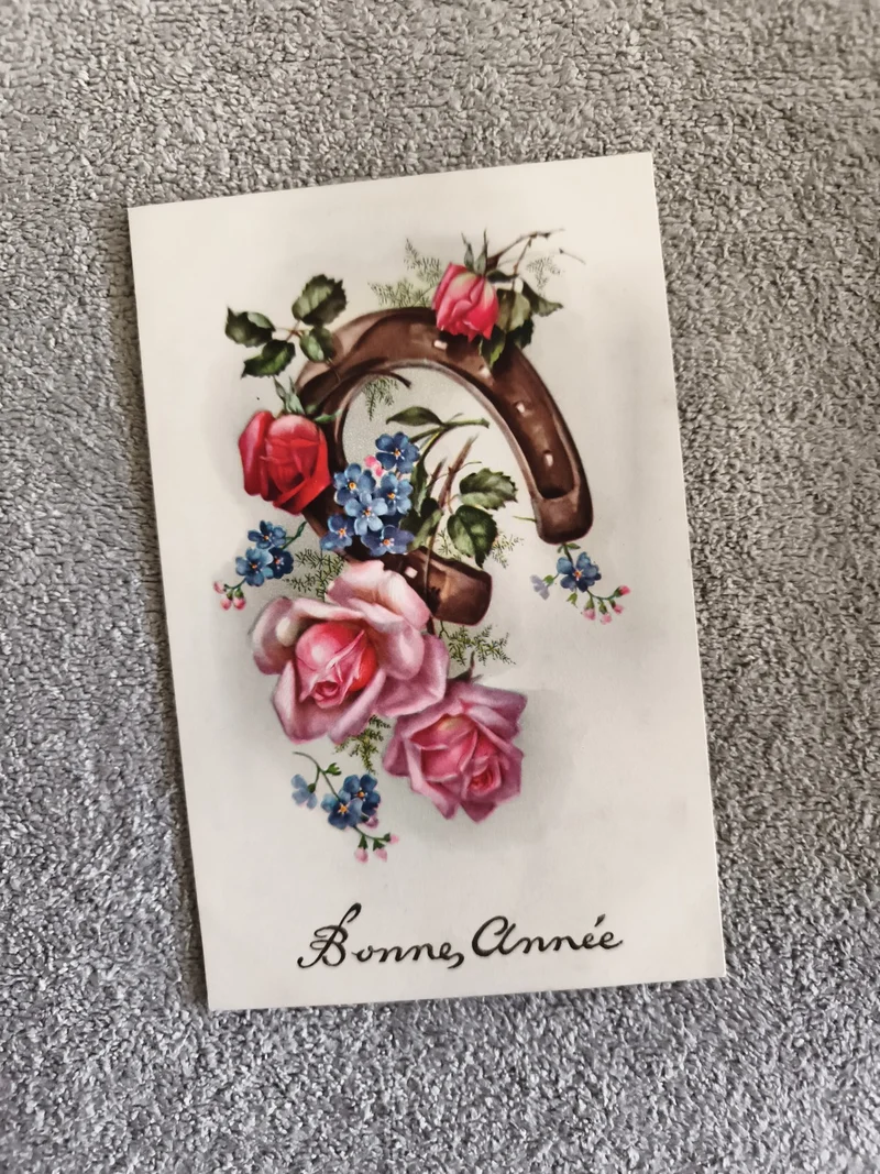Carte postale Bonne Année fleurs fer à cheval illustration CPA