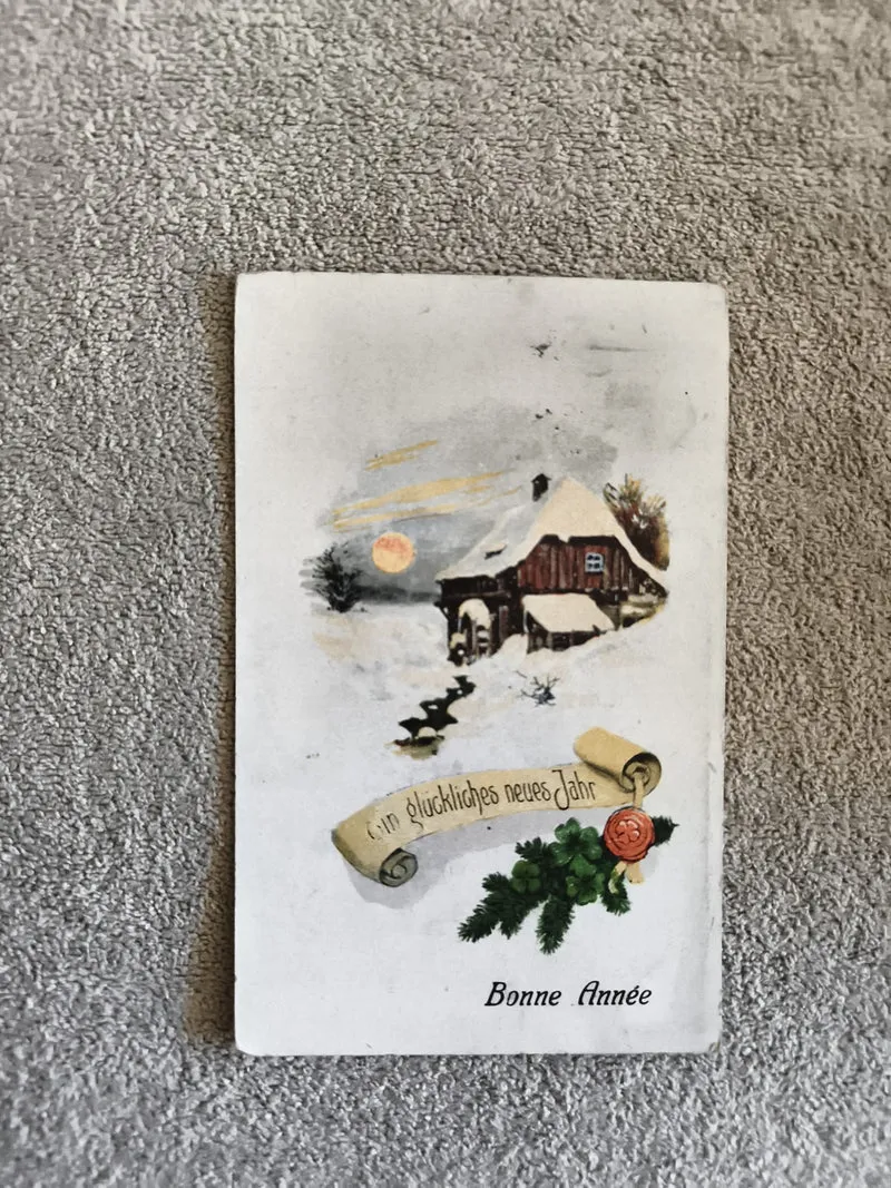 CPA Bonne Année chalet neige paysage hiver multilingue début XXe
