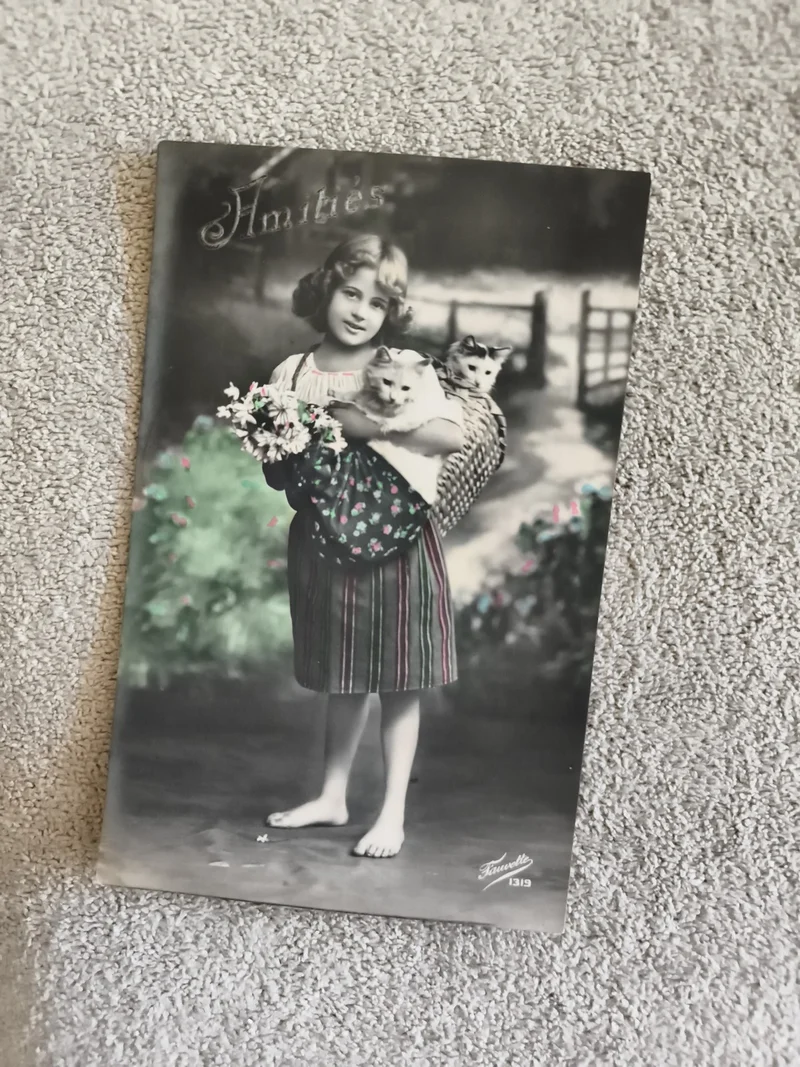CPA Amitiés fillette chats panier fleurs Truette 1319 carte postale ancienne