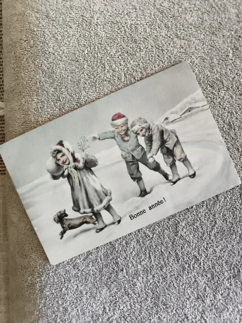 Carte postale Bonne année CPA enfants neige traîneau illustrée hiver