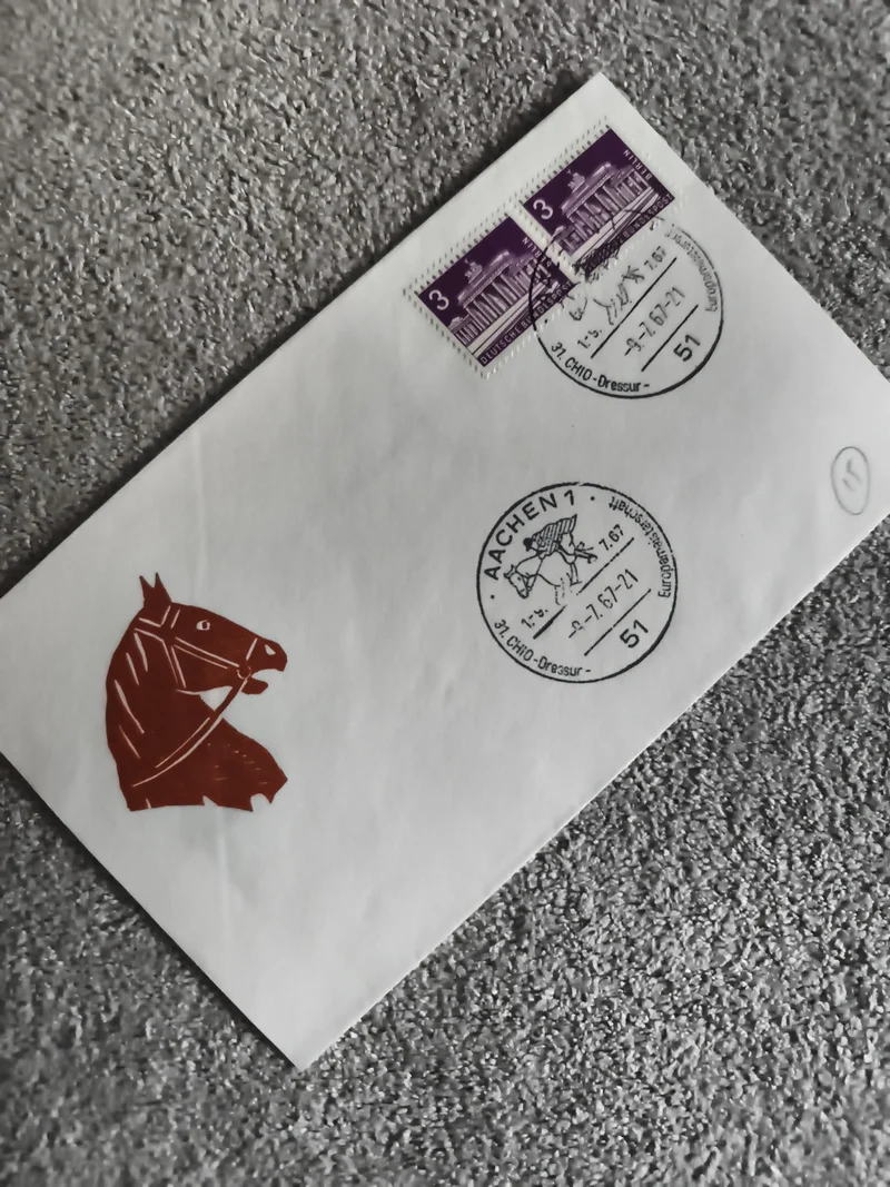 Lettre oblitérée Allemagne 1971 CHIO Aachen timbres 3pf cheval philatélie (Ref 2