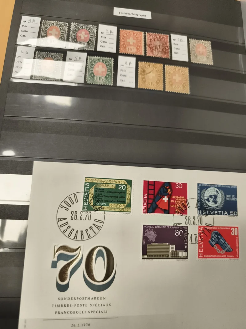 Timbres Suisse télégraphe anciens + enveloppe 1er jour 1970 Helvetia