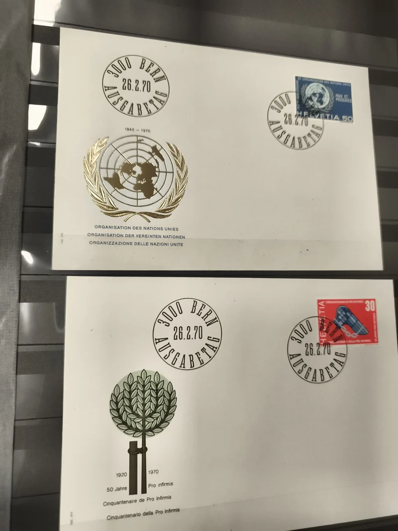 Enveloppes Premier Jour ONU & Pro Infirmis Suisse 1970, timbres commémoratifs