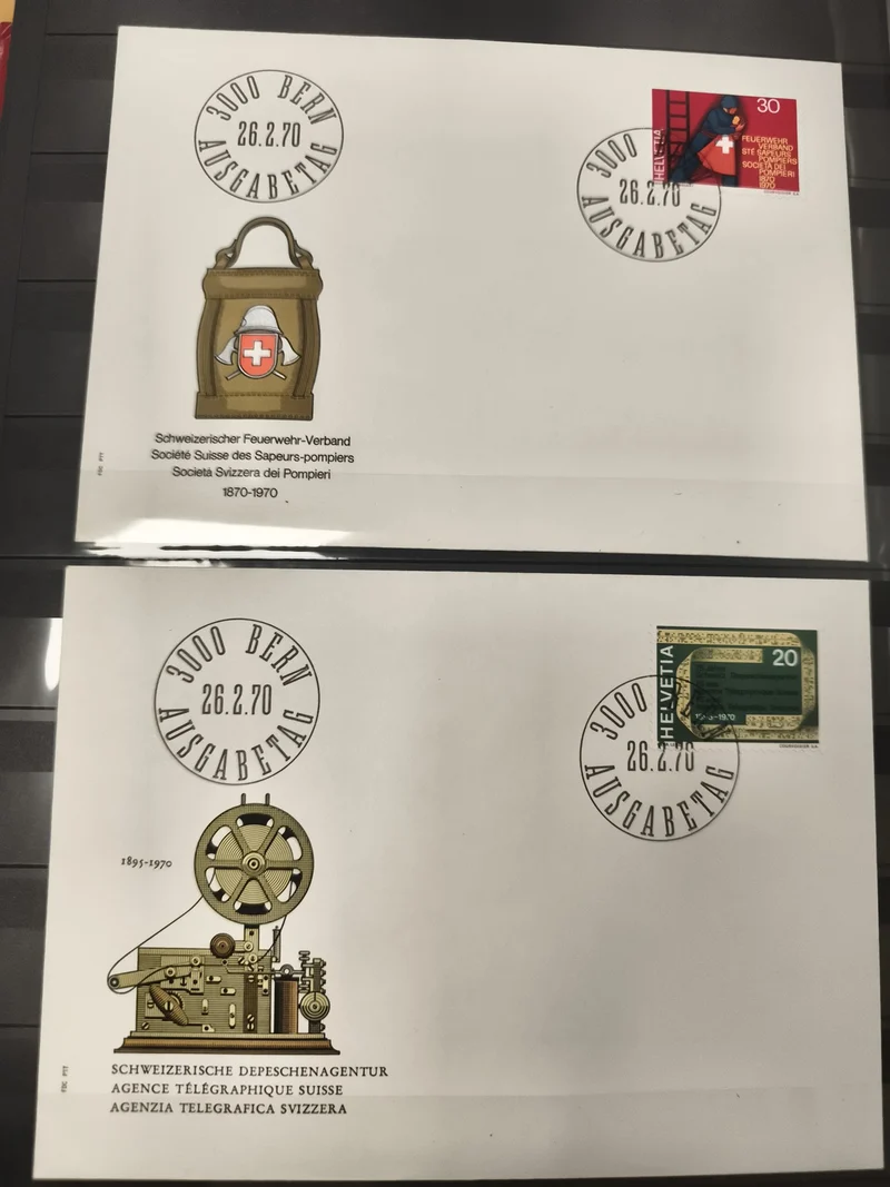 Enveloppes Premier Jour Suisse 1970 Bern, Sapeurs-pompiers et Télégraphe, timbre