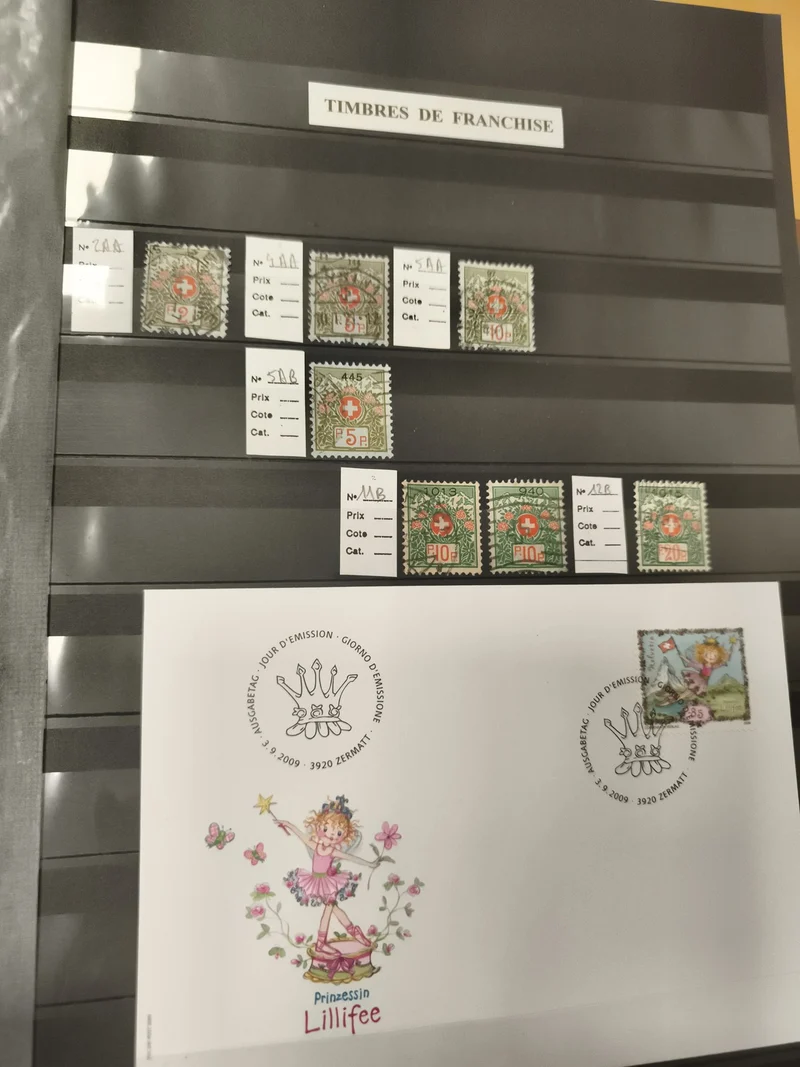 Timbres de franchise Suisse + enveloppe 1er jour Lillifee philatélie lot