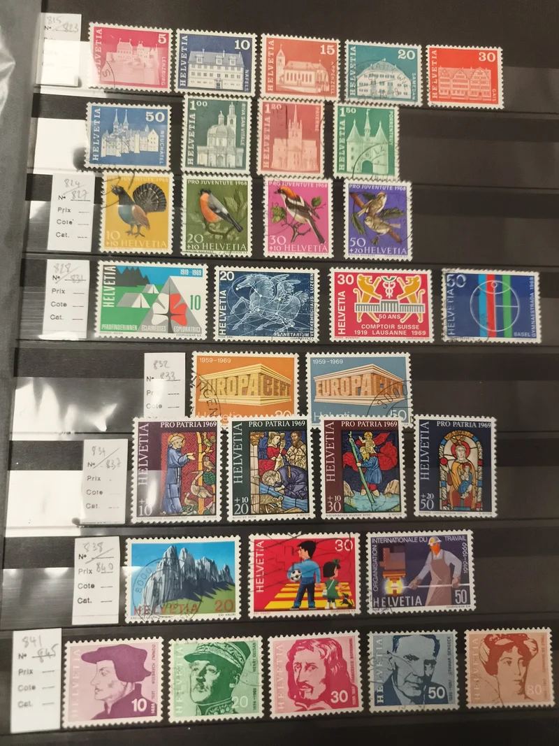 Timbres Suisse Helvetia lot x28 illustrés architecture oiseaux Pro Patria Europa