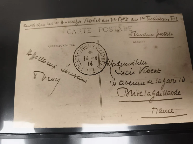 Carte postale écrite 1914 Fez Maroc oblitérée philatélie souvenir manuscrit