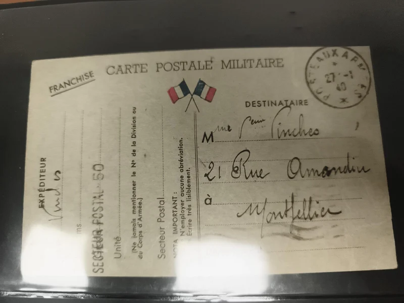 Carte postale militaire française 1940 drapeaux FR franchise philatélie