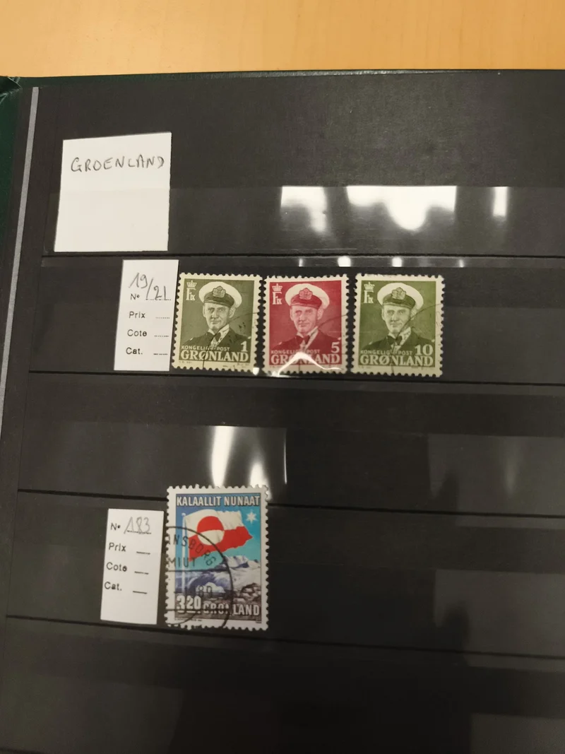 Timbres Groenland oblitérés lot x4, portraits royaux et paysage, philatélie