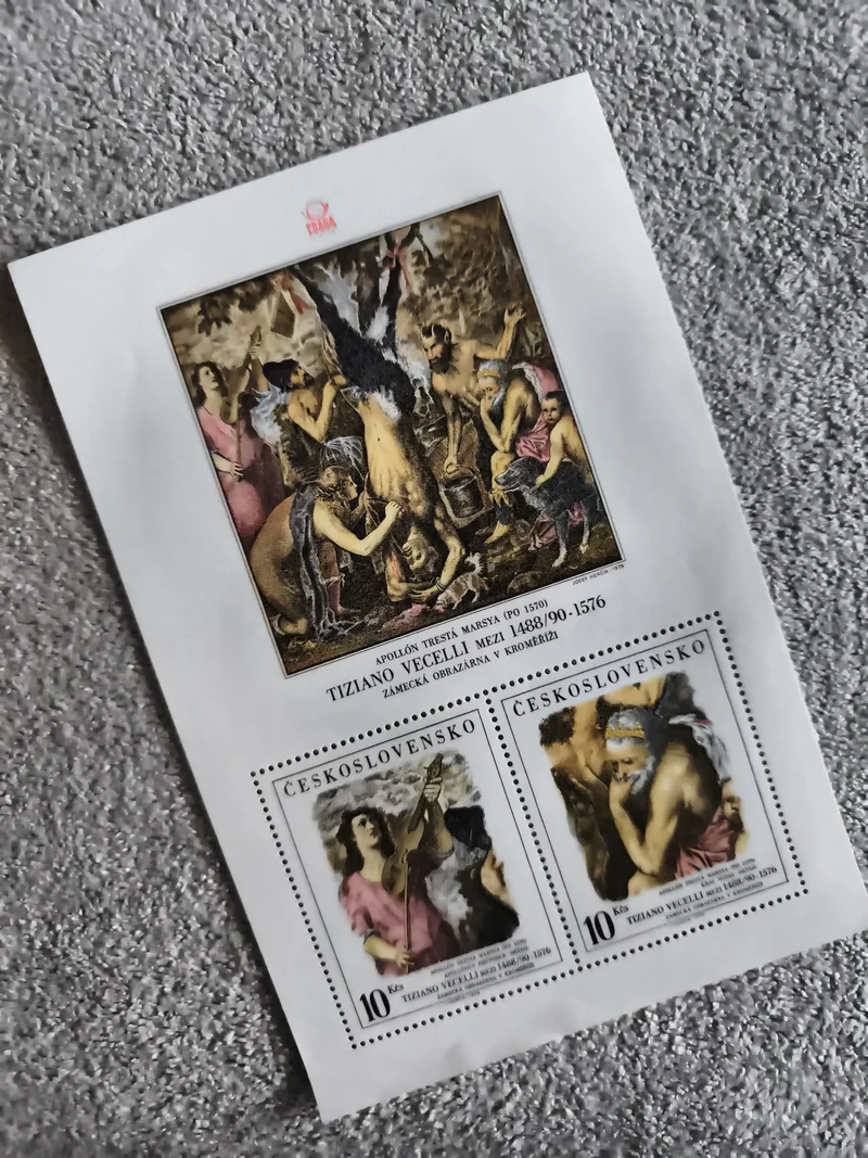 Bloc timbres Tchécoslovaquie Tiziano Vecelli Apollon Marsyas art philatélie