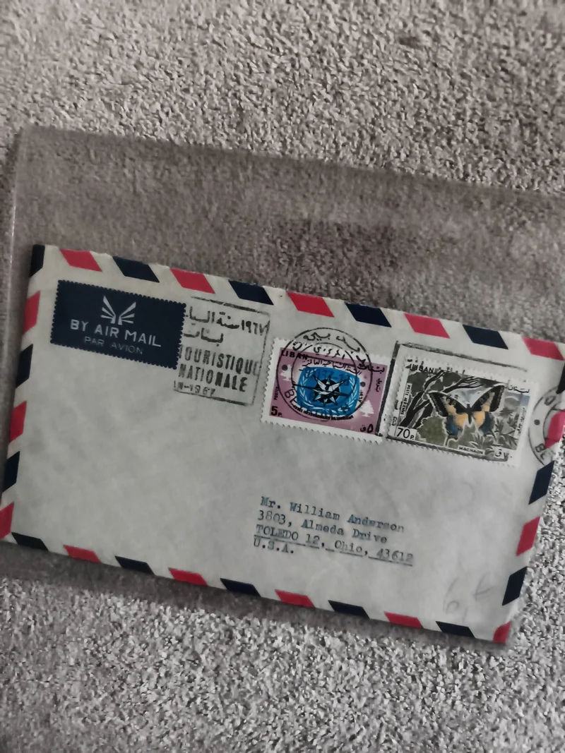 Lettre affranchie Liban 1967 timbres papillon et tourisme, enveloppe avion