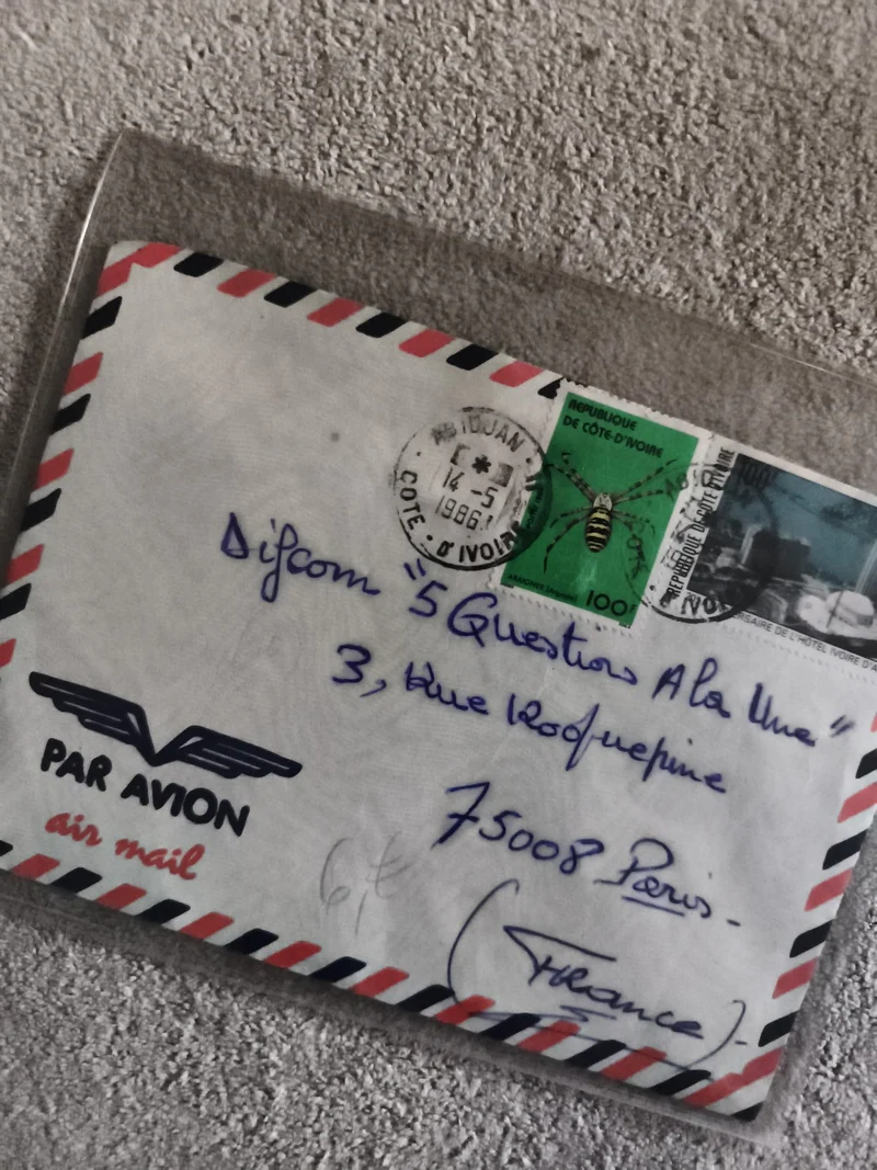 Lettre avion Côte d’Ivoire 1986 timbres insecte affranchissement philatélie (Ref