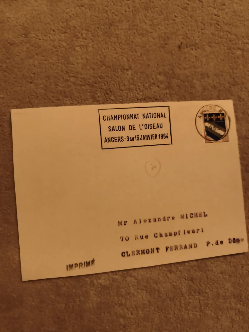 Lettre imprimée Championnat National Oiseau Angers 1964 philatélie (Ref 1)