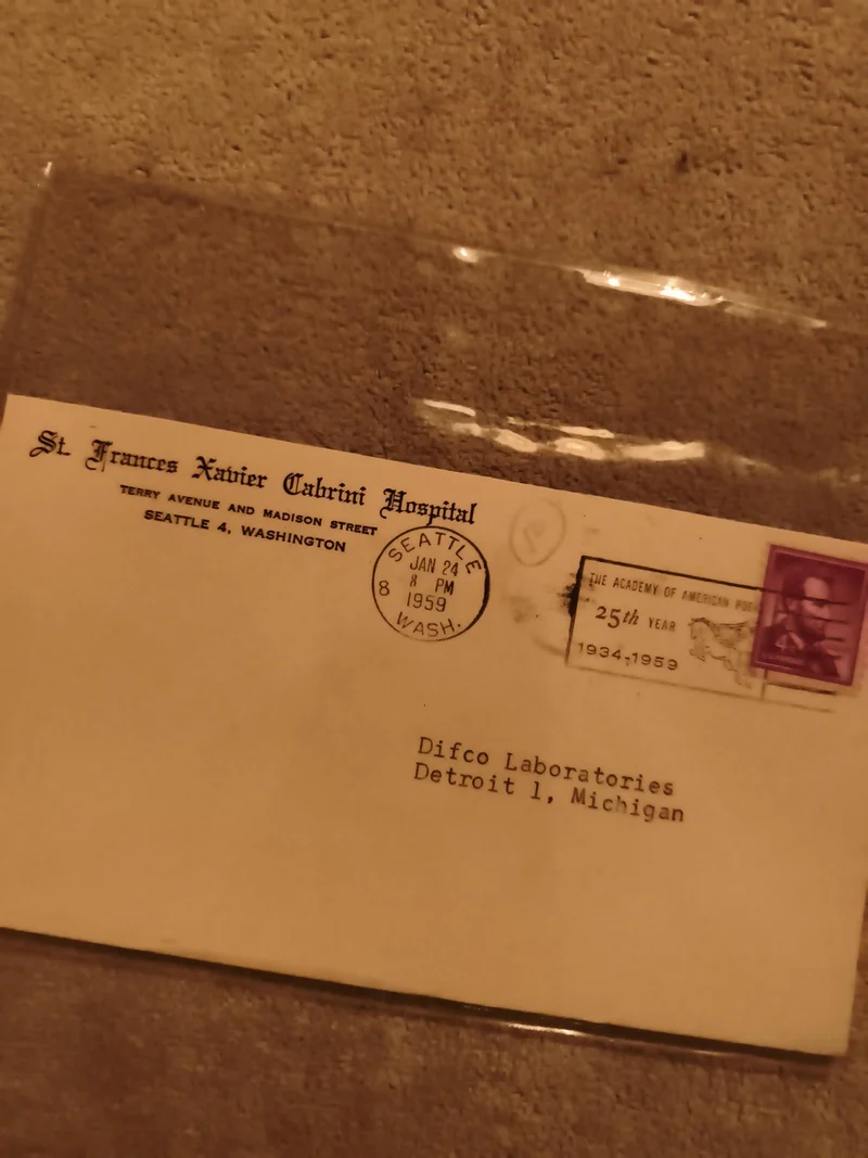 Lettre oblitérée 1959 St Frances Xavier Cabrini Hospital Seattle timbre USA phil